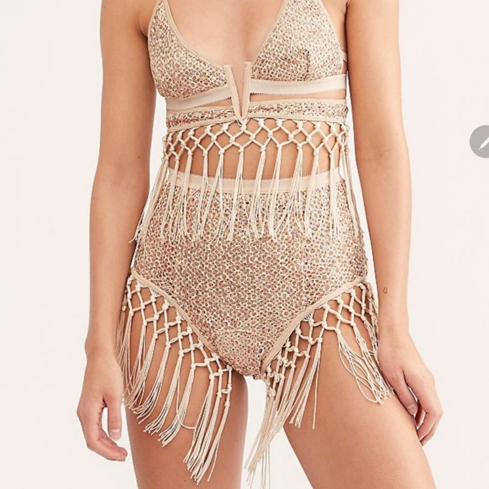 Free People High Waist Fringe Shorts - Cream and Brown